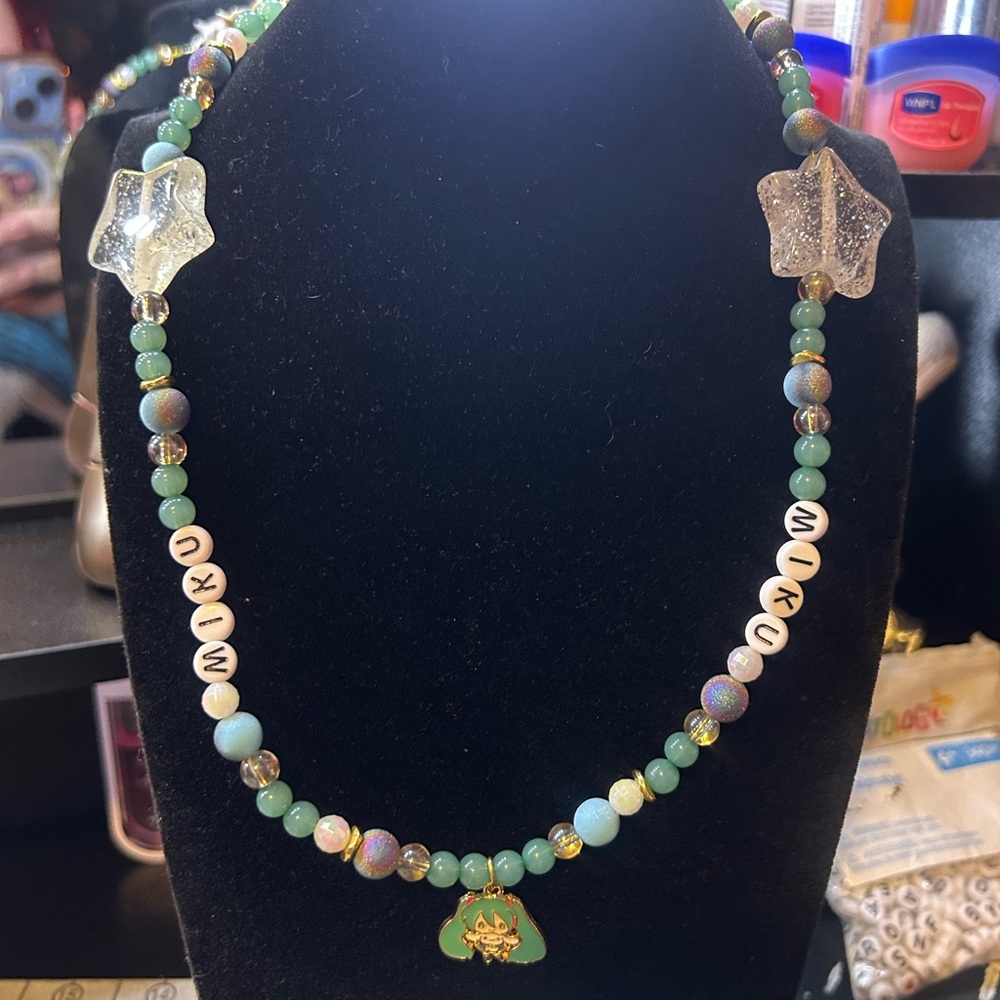 hatsume miku Green Beaded Necklace with Star Accents